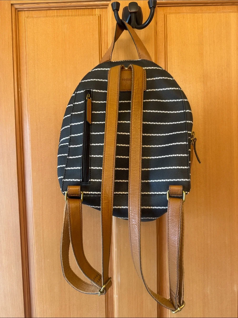Fossil Black Striped Mini Backpack with Brown Accents